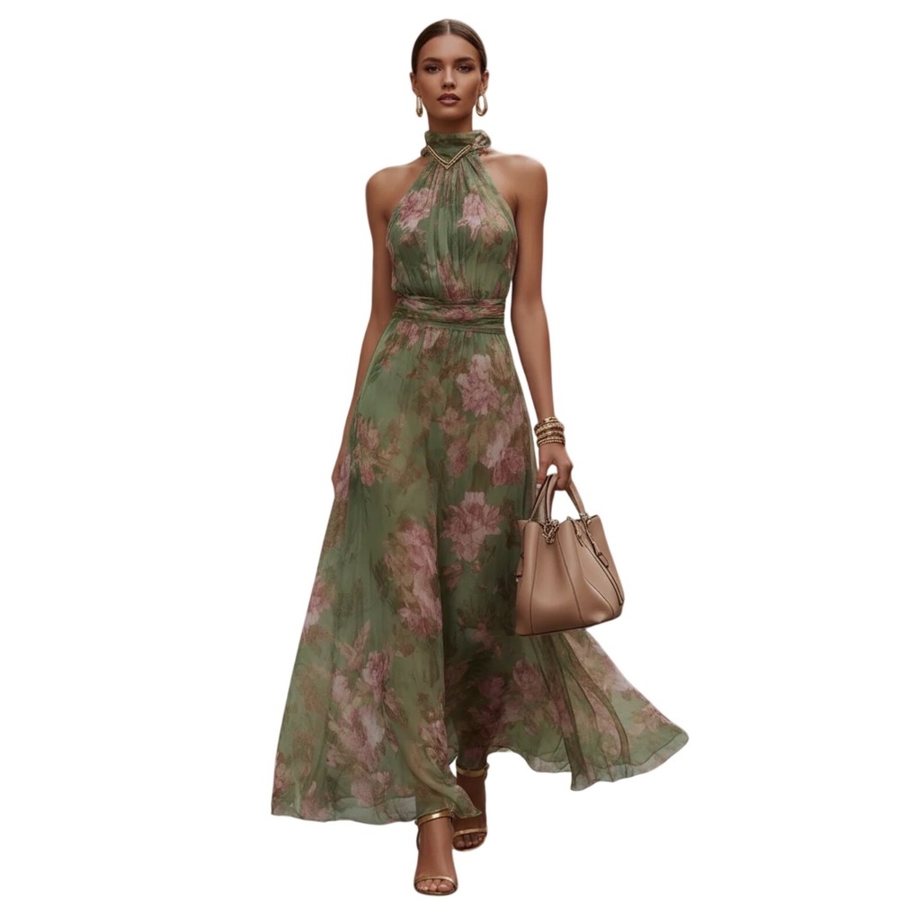 Vintage Style Floral Pleated Halter Gown Whimsigoth Fairycore Green Pink Dress M